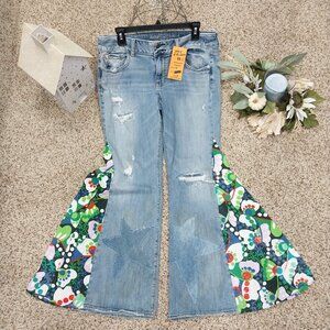 3448 Size 14 American Eagle Upcycled Bell-Bottoms in Purple And Green.